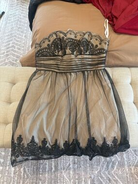 David's Bridal Black Lace Overlay Nude Strapless Cocktail Dress